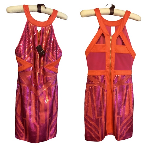 🚨Sale🚨 NWT Bebe Geo Sequin Dress in Pink and Orange Size M - Picture 1 of 4